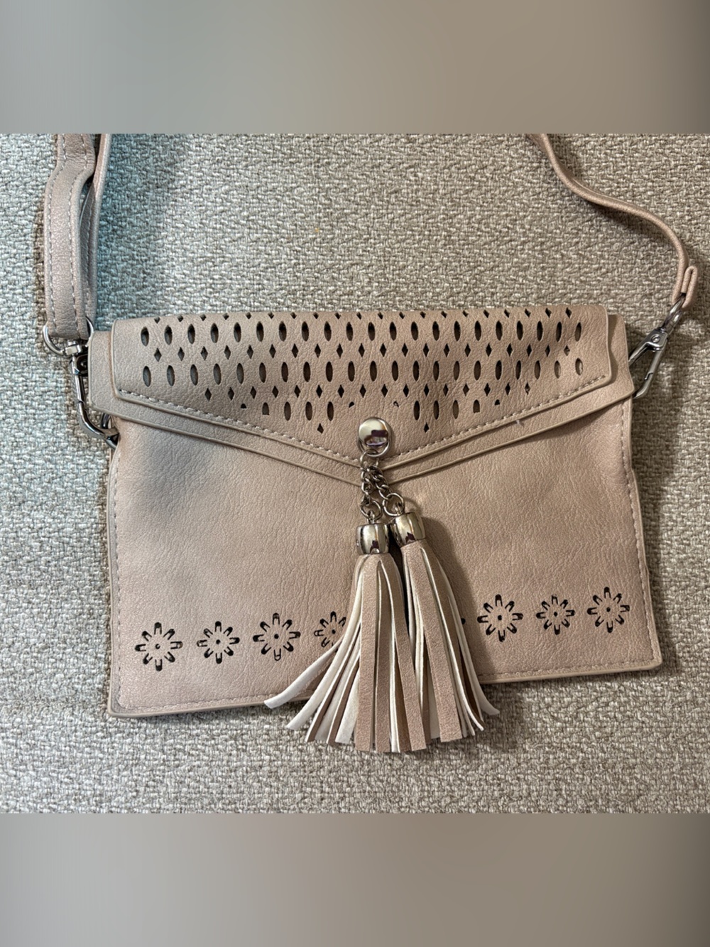 Neutral Beige Tassel Crossbody Bag with Laser-Cut Accents